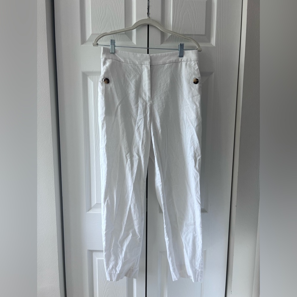 J Crew High Waisted White Button-Accent Pants
